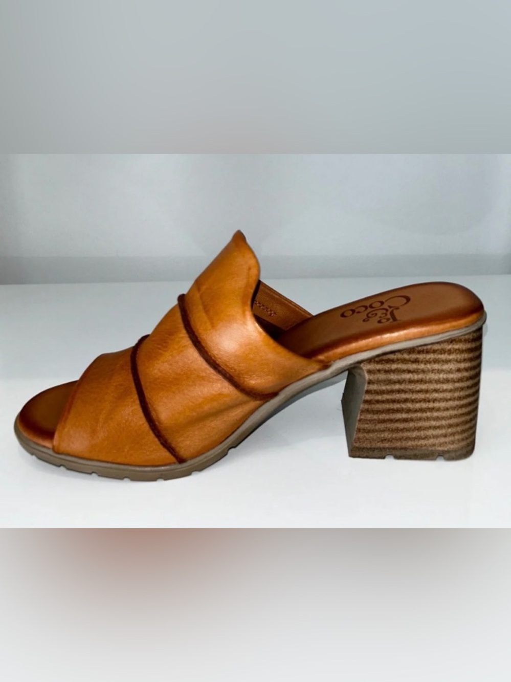 Tan Leather Stacked Block Heel Mules